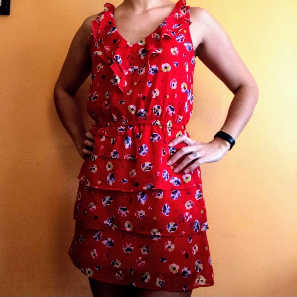 Red Floral Dress with Ruffles